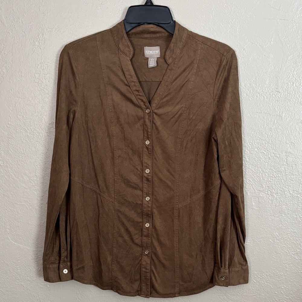 Chico's Women’s Faux Suede Split Neck Button Up Top Brown Chicos 0/Small